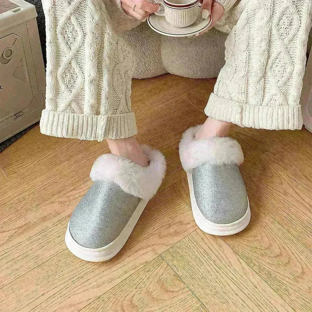 Fashion Frosted Sequined Plush Slippers Winter Warm Home Indoor Non-slip Bedroom Floor Fuzzy Slipper For Couple Women House Shoes - EX-STOCK CANADA