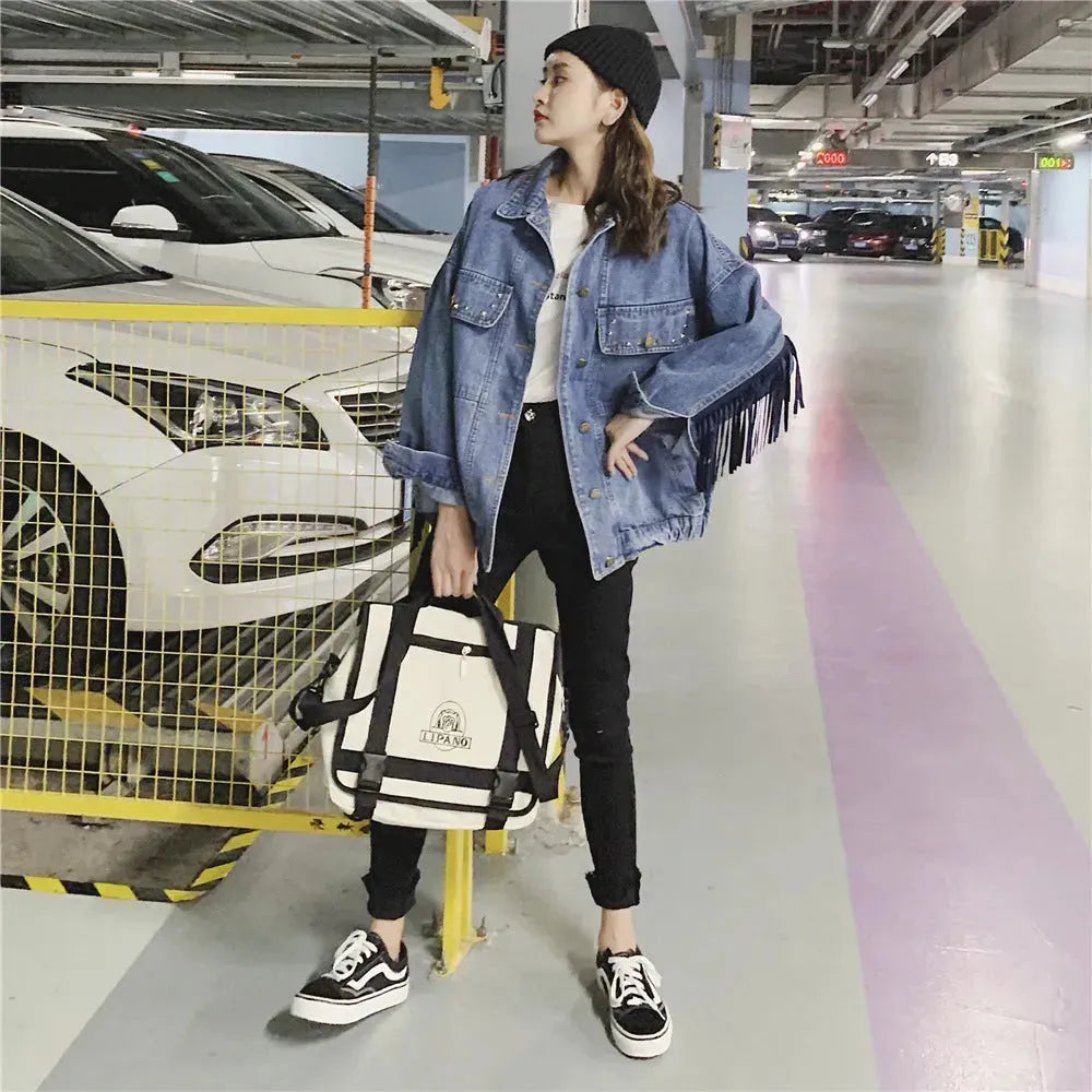 Elegant women Oversized Embroidered Tassel Fringe Denim Jacket