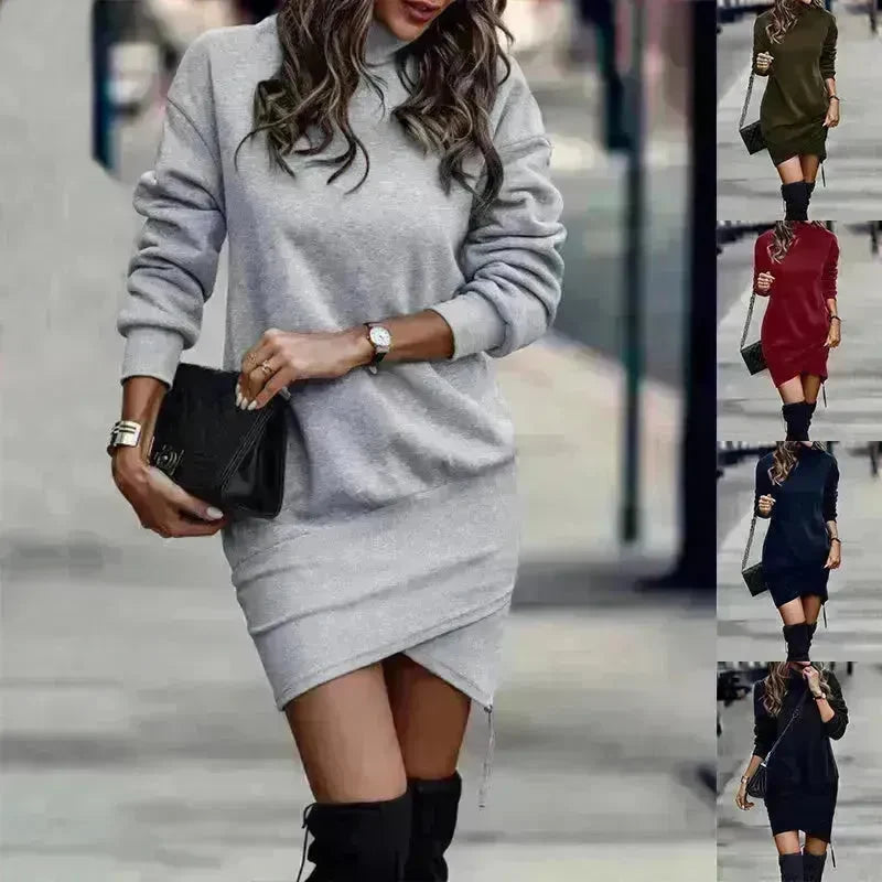 Long Sleeve Dress Solid Color High Neck Cross Short Cashmere Dress for Women - EX-STOCK CANADA