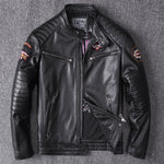 Men's Embroidered Genuine Leather Motorcycle Jacket – Stand Collar Biker Coat | S–4XL