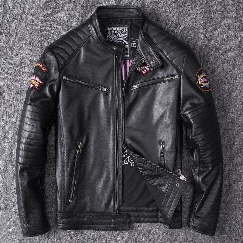 Men's Embroidered Genuine Leather Motorcycle Jacket – Stand Collar Biker Coat | S–4XL