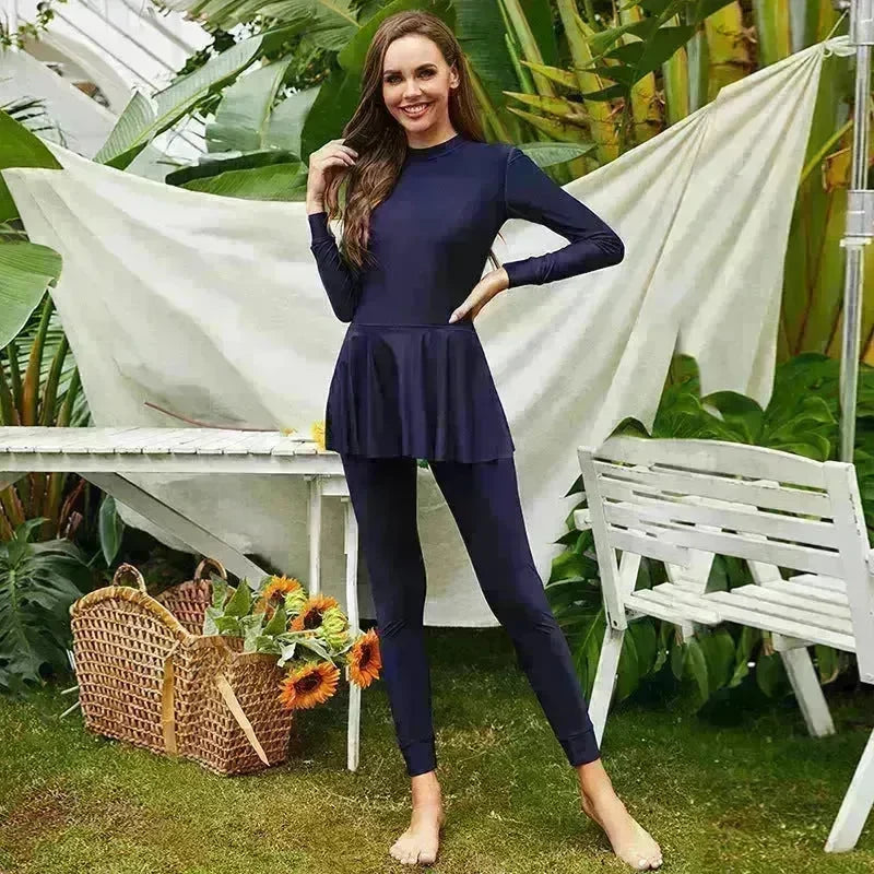 Pure Color Long-sleeved Trousers Fully Surrounded By Conservative Beach Surfing Sunscreen ArabOne-piece Swimsuit EX-STOCK