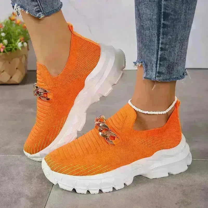 Fashion Chain Design Mesh Shoes For Women Breathable Casual Soft Sole Walking Sock Slip On Flat Chunky Sneakers Shoes for Women - EX-STOCK CANADA