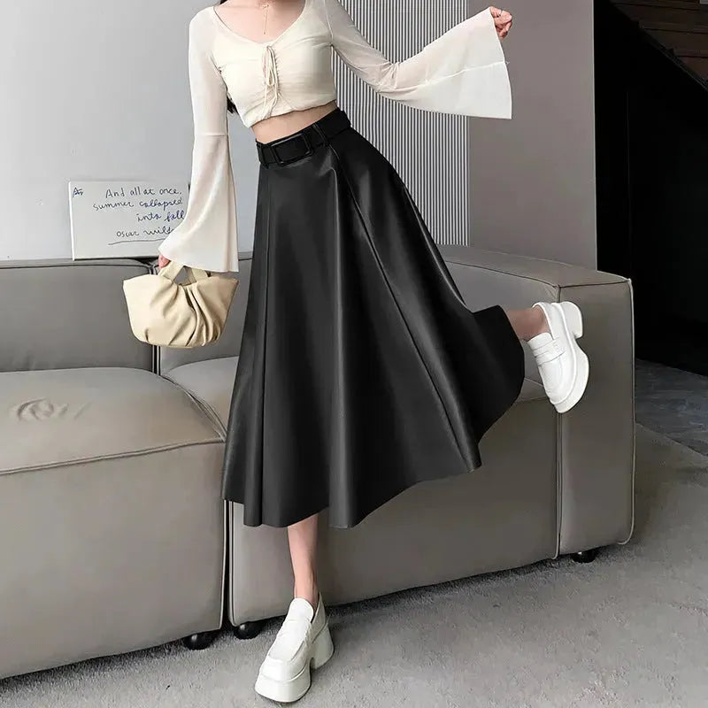 Elegant women High waist Flared Midi PU Leather skirt - EX-STOCK CANADA
