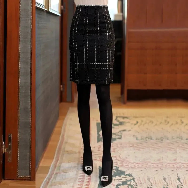 High Waist Black Plaid Sheath A- Line Slimming Woolen Mini Sheath Skirt - EX-STOCK CANADA