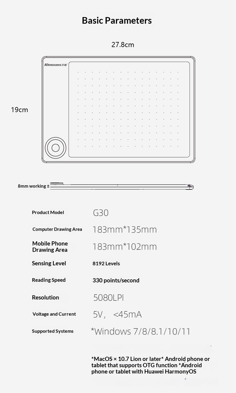 10moons G30 Drawing Tablet – 8192 Pressure Sensitivity, Magic Circle, Passive Pen | USB | Online Class & Digital Art
