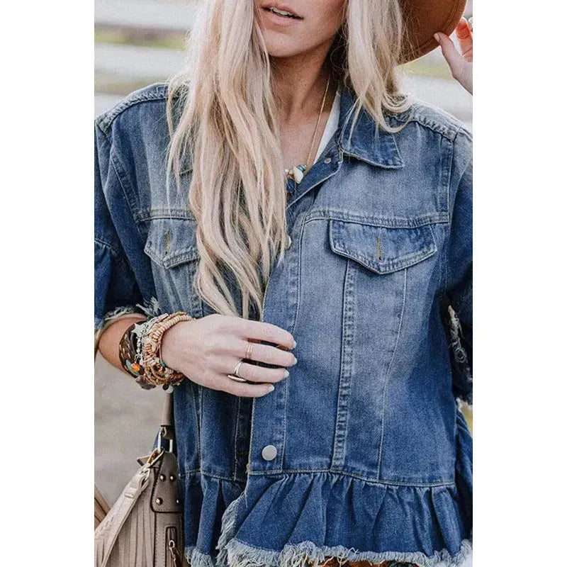 Ruffled Short Sleeves Tops For Women Loose Denim Jacket - EX-STOCK CANADA