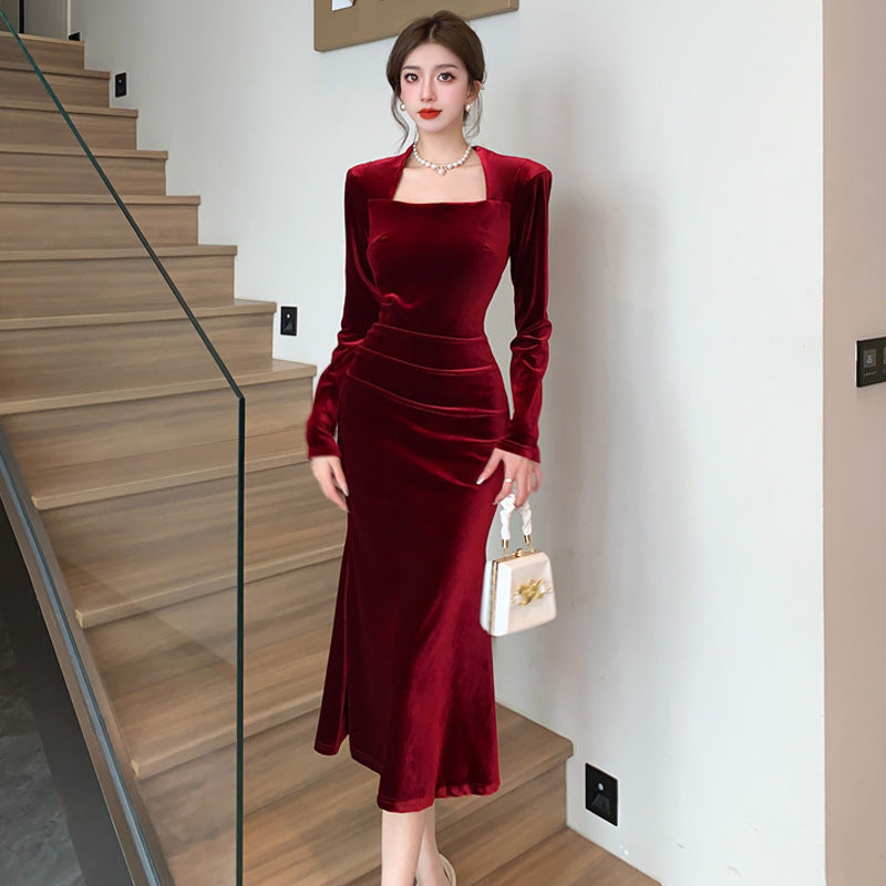 Women's Fashion Velvet Sheath Long Dress EX-STOCK Canada 