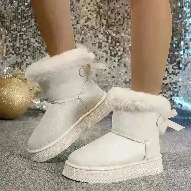 Winter Snow Boots With Bowknot Fashion Round Toe Flat Thickened Suede Cotton Shoes For Women Casual Warm Plush Short Boot - EX-STOCK CANADA