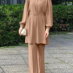 Middle East Muslim Round Neck Long Sleeve Belt Elastic Waist Top And Trousers Suit - EX-STOCK Canada