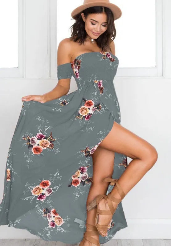 Elegant Ladies Summer Boho Vacation Resort Slit Maxi dress off shoulder Long floral Beach summer slit dress - EX-STOCK CANADA
