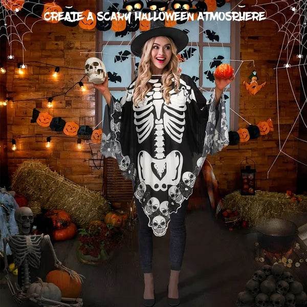 Halloween Skeleton Poncho Skull Bones Lace Skeleton Cape Shawl Halloween Costume Day Of The Dead Poncho For Halloween Horror Theme Trick Or Treat Birthday Party EX-STOCK