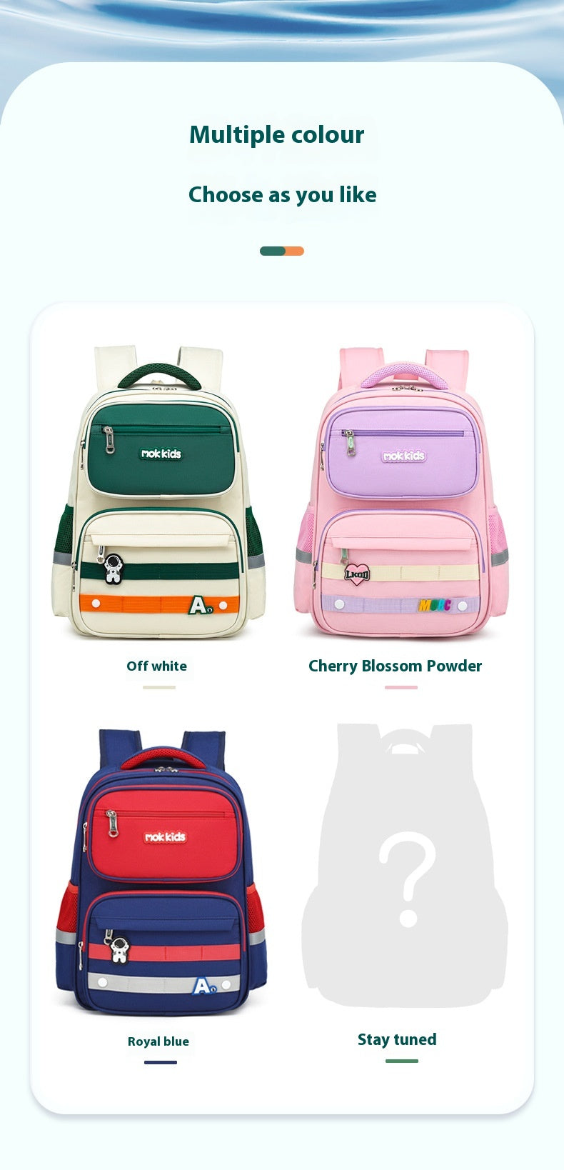 Three backpacks in different colors with color swatches above them on a white background.