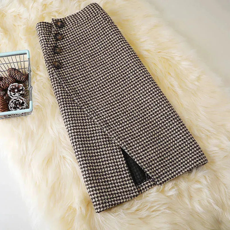 Elegant Women's  professional formal business office work Slit Houndstooth pencil Midi Skirt - EX-STOCK CANADA