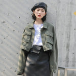 Single Breasted Long Sleeve Cargo Crop Denim Jacket Women - EX-STOCK CANADA