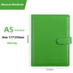 Green notebook with dimensions labeled on a white background