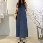 Women's Fashion Sleeveless Mum loose Long Denim Dress