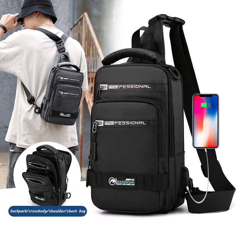 Black backpack with multiple compartments and a phone case, worn by a person.
