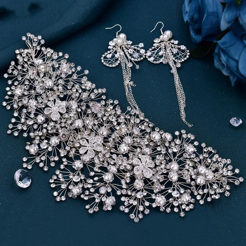 Luxury and Elegant Bridal Flower Rhinestone Headband Fashion Accessories set - EX-STOCK CANADA