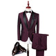 Purple tuxedo suit on a mannequin with a white shirt, black bow tie, and brown shoes on a white background.