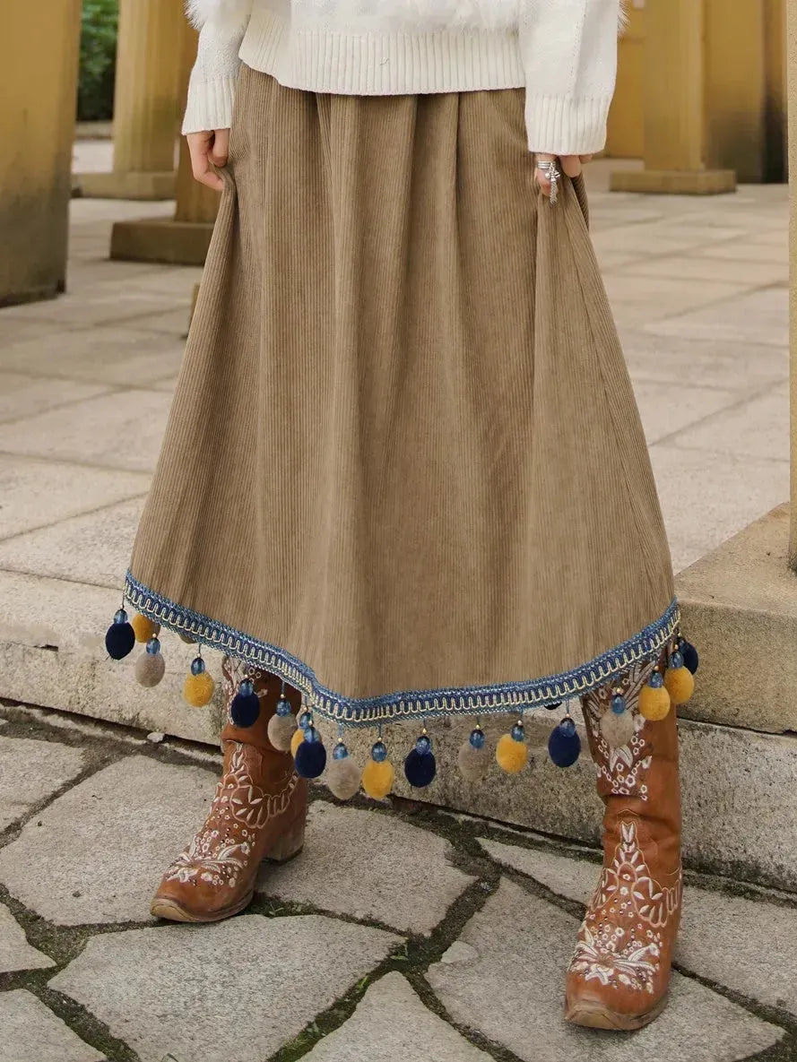 Corduroy Ethnic Style Fur Ball Stitching Brown High Waist Tassel Versatile Maxi Skirt - EX-STOCK CANADA