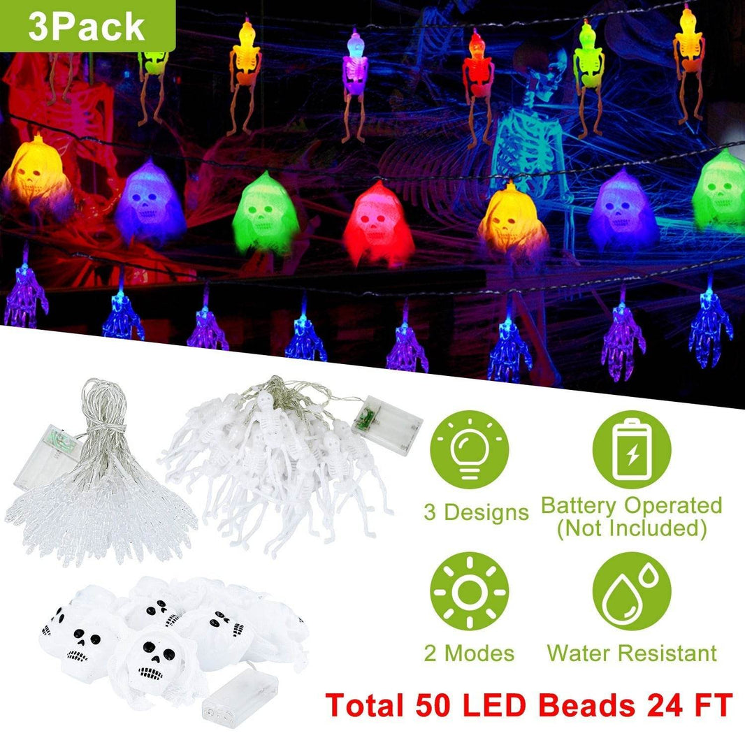 Set Of 3Pcs Halloween Light Decorations Total 50 LEDs 24ft Halloween String Lights Colorful 3D Skeleton Ghost String Lights Gauze Skull String Lights Spooky Hands String Lights For Indoor Outdoor Part EX-STOCK
