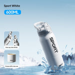A white insulated water bottle labeled SPORT is shown in a stylized icy setting with text reading 600ML and Sport White. The bottle has a flip-top style lid and appears to be the product being sold.