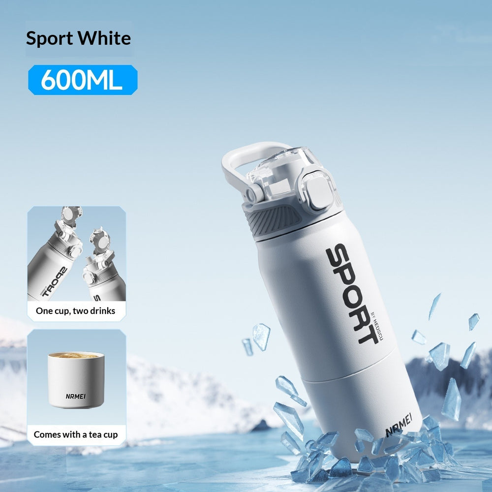 A white insulated water bottle labeled SPORT is shown in a stylized icy setting with text reading 600ML and Sport White. The bottle has a flip-top style lid and appears to be the product being sold.