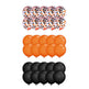 Three groups of round balloons on a plain white background: a top group of clear balloons filled with black, orange, and white confetti, a middle group of solid orange balloons, and a bottom group of solid black balloons.
