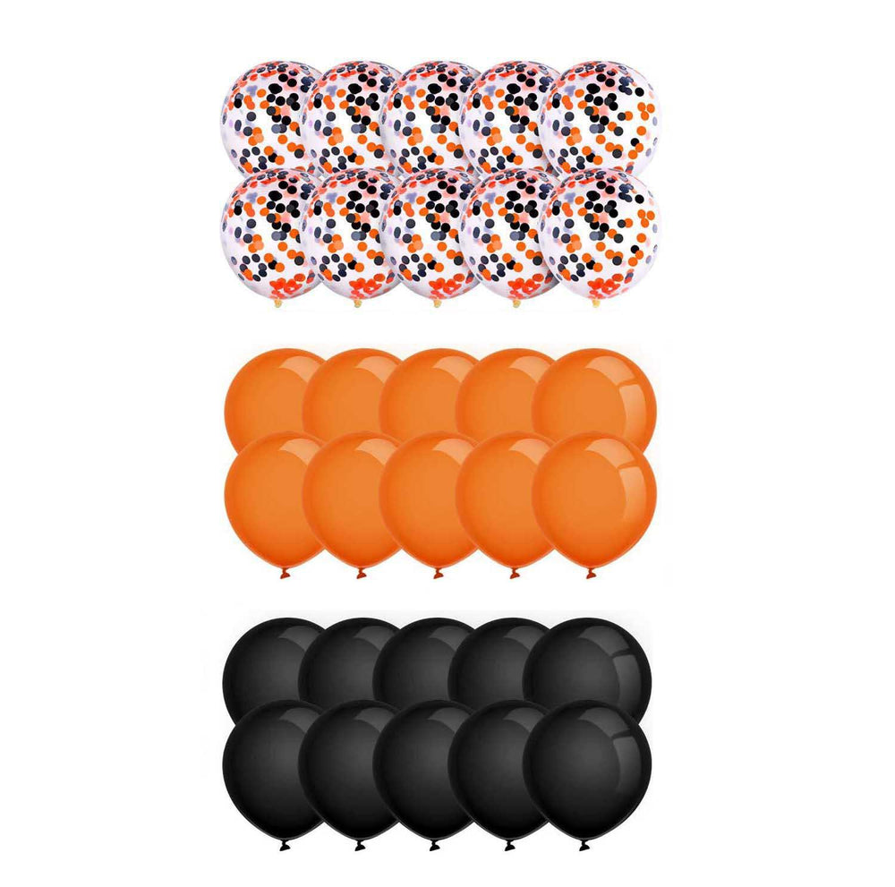 Three groups of round balloons on a plain white background: a top group of clear balloons filled with black, orange, and white confetti, a middle group of solid orange balloons, and a bottom group of solid black balloons.