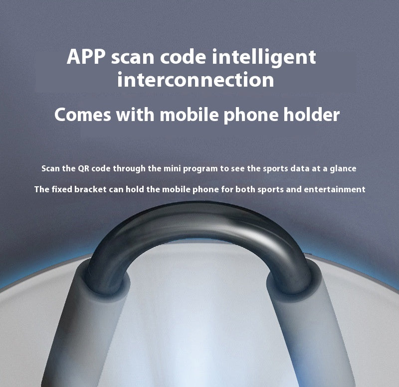 A close-up of a black curved phone holder mounted on a white device, with promotional text above reading 'APP scan code intelligent interconnection' and 'Comes with mobile phone holder' on a blue-gray background.