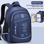 Blue backpack with dinosaur design on a light blue background