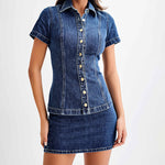 European And American Denim Lapel Short Sleeve Slim Top Sheath Skirt Outfit 