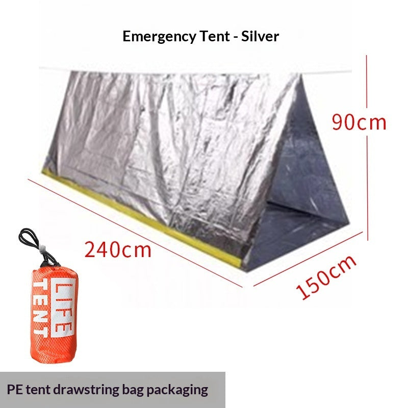 Silver emergency tent shown with red dimension lines indicating 240cm length, 150cm width, and 90cm height, plus a small orange drawstring bag package labeled LIFE TENT.
