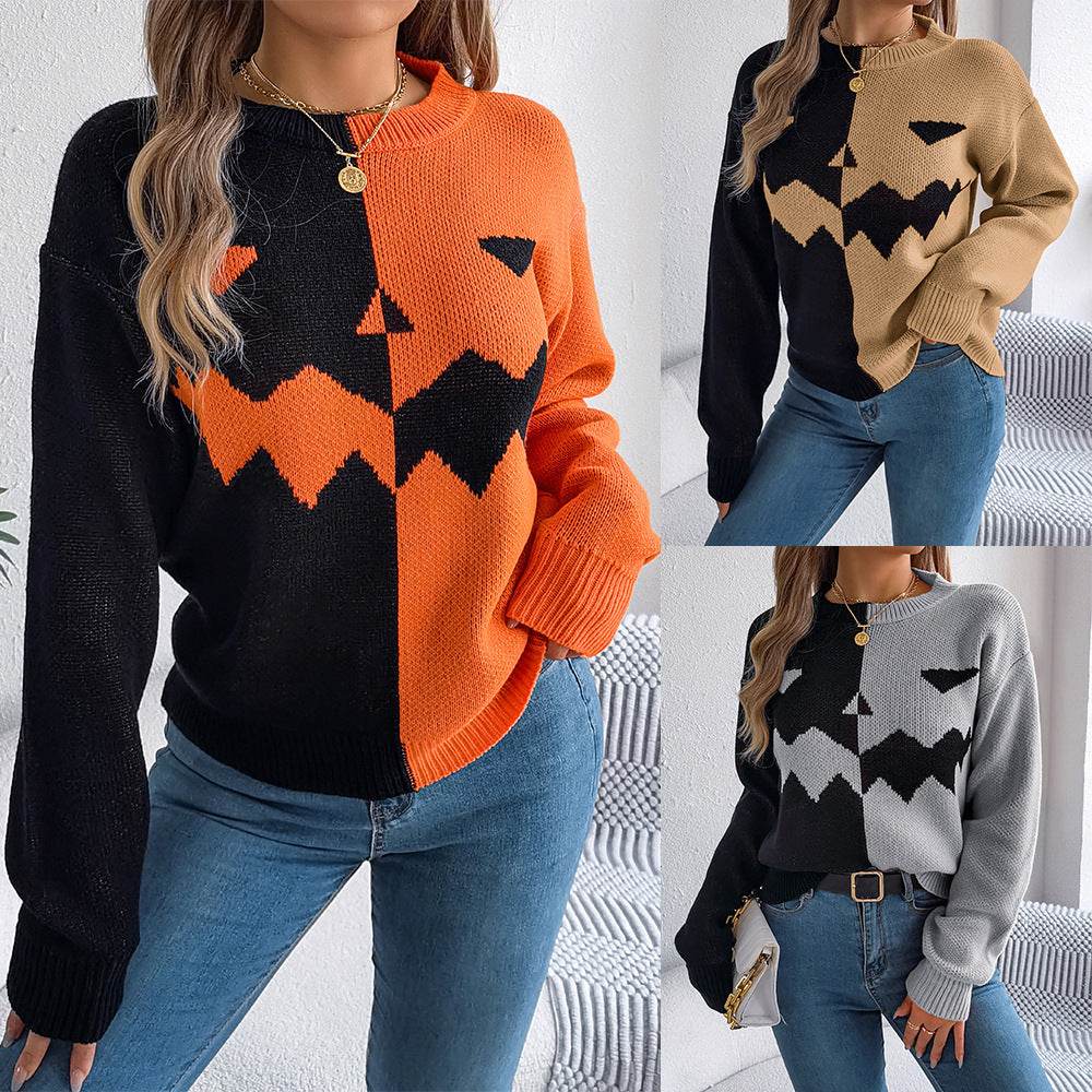 Fall And Winter Halloween Spooky Pumpkin Contrast Long Sleeve Pullover Sweater Women's Clothing EX-STOCK