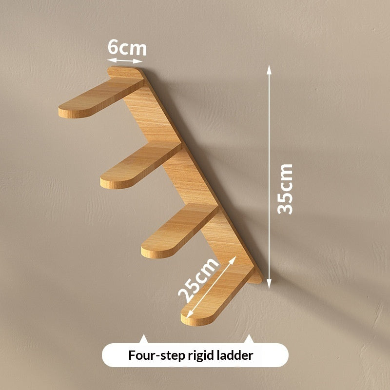Four-step wooden wall ladder shelf with dimension annotations showing 35cm height, 25cm base width, and 6cm shelf width on a beige wall.