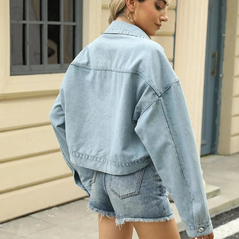 Loose Cropped Denim Jacket With Rivet Design Fashion Casual Long Sleeve Outerwear Tops For Women Clothing - EX-STOCK CANADA