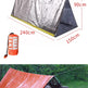 A composite product listing image for an emergency tent. The top half shows a silver reflective tent on a white background with dimension lines reading 240cm, 150cm, and 90cm, plus a small orange carrying bag.