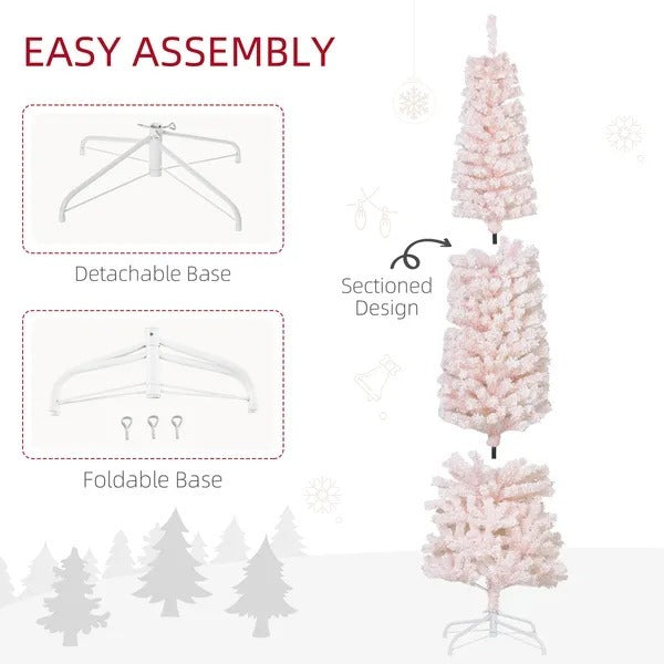 7.5ft Flocked Christmas Tree, Pencil Christmas Tree With Realistic Branch Tips, Folding Metal Stand EX-STOCK Canada 
