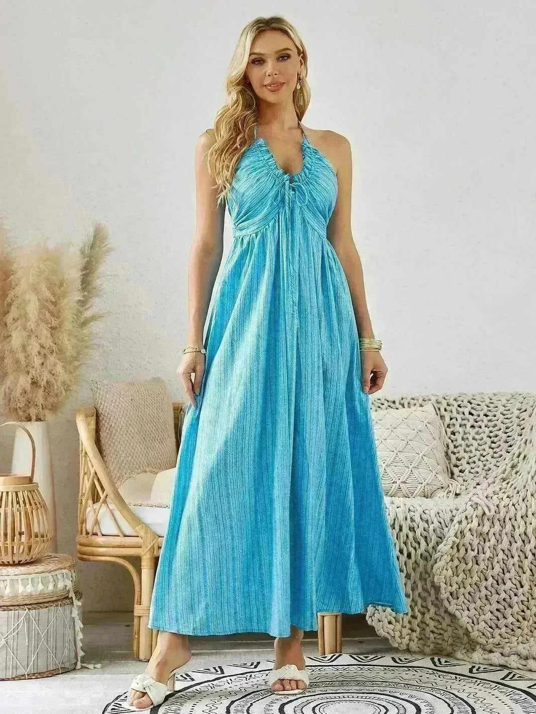 Bohemian Halter Maxi Dress - Women's Summer Sleeveless Flowy Beach Dress
