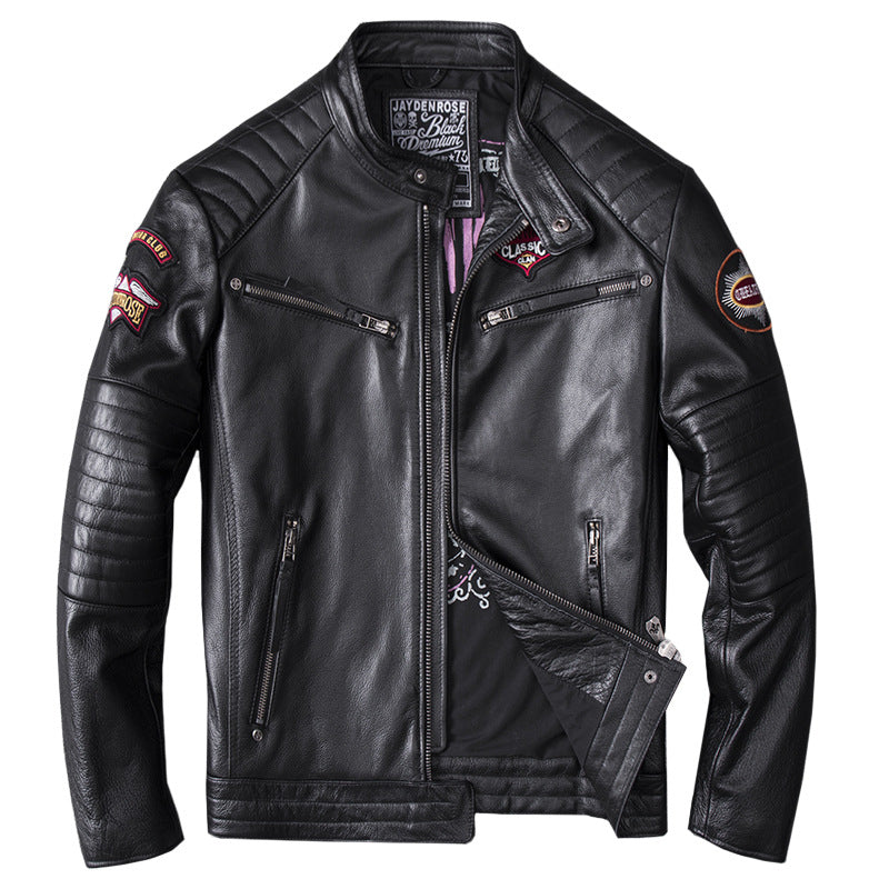 Men's Embroidered Genuine Leather Motorcycle Jacket – Stand Collar Biker Coat | S–4X
