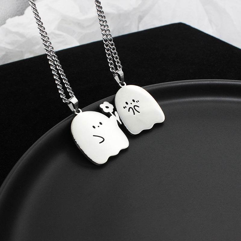 Stainless Steel Cute Ghost Couple Necklace Kawaii Animal Cat Pendant Necklace Lovers Friendship Jewelry Gifts EX-STOCK