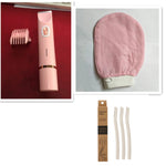 Collage of a pink hair removal device, attachments, and packaging on a white background