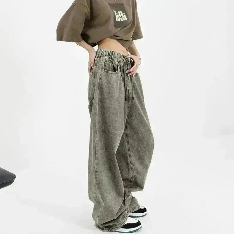 Retro Worn Looking Washed-out Drawstring Baggy Jeans Pant For Women - EX-STOCK CANADA