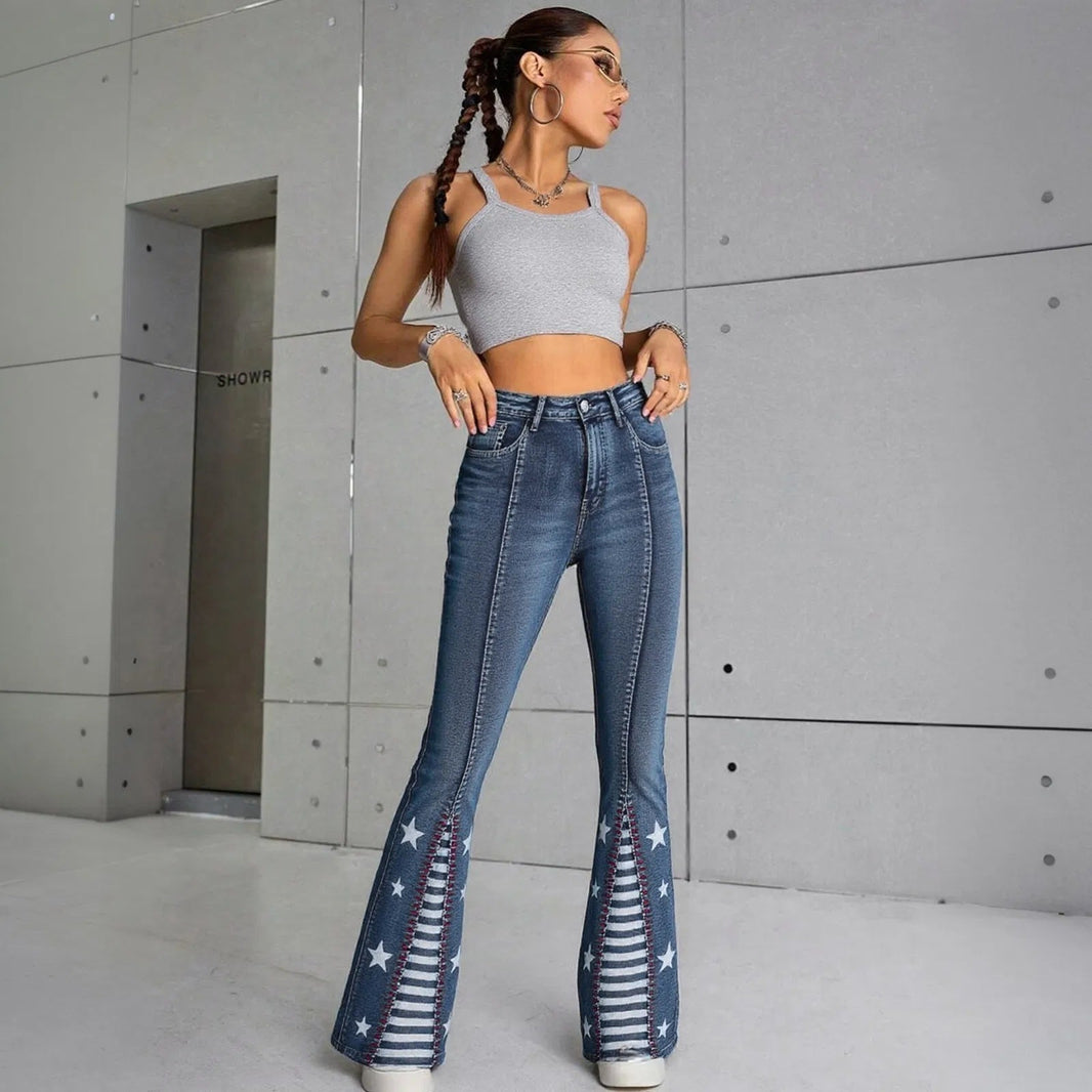 Women's High Waisted Star Patchwork Flare Bell Bottom Denim Pants 4th Of July Outfits For Curvy Girls Slim Fit Curve Enhancing Soft Stretch Fabric EX-STOCK Canada 