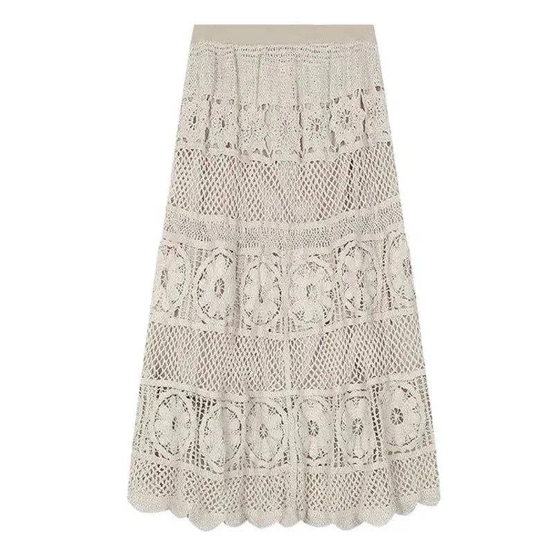Retro Vacation Style Crocheted Hollow Beige Maxi Skirt - EX-STOCK CANADA
