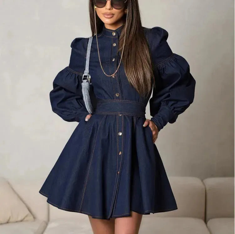 Classy Fashion Lantern Sleeve Button down Denim Shirt flared Mini Dress - EX-STOCK CANADA