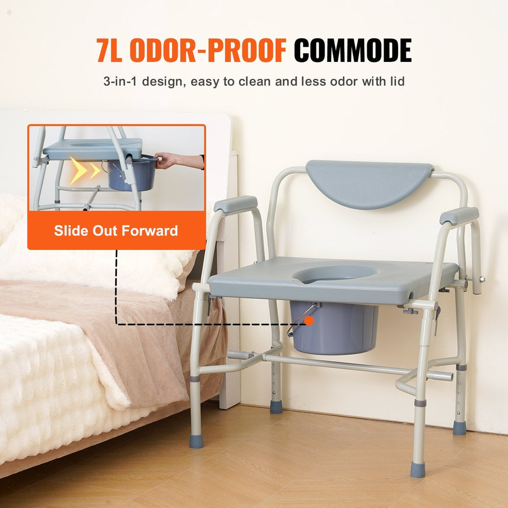 Commode Chair, Bedside Commode With Drop-Down Arms And Detachable Backrest, 5-Level Adjustable Height, 7L Removable Bucket, Easy To Assemble, 1000LBS Capacity, Portable Toilet For Adults Seniors EX-STOCK