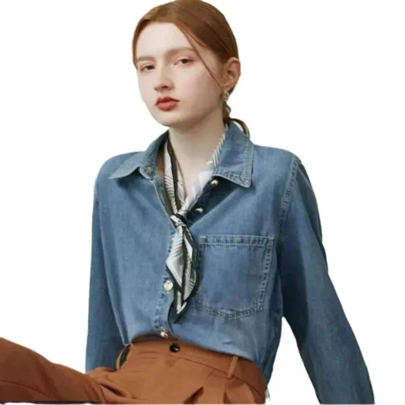 Blue Soft Denim Shirt Jacket Women's Long Sleeve Bandage Denim Dress Top - EX-STOCK CANADA