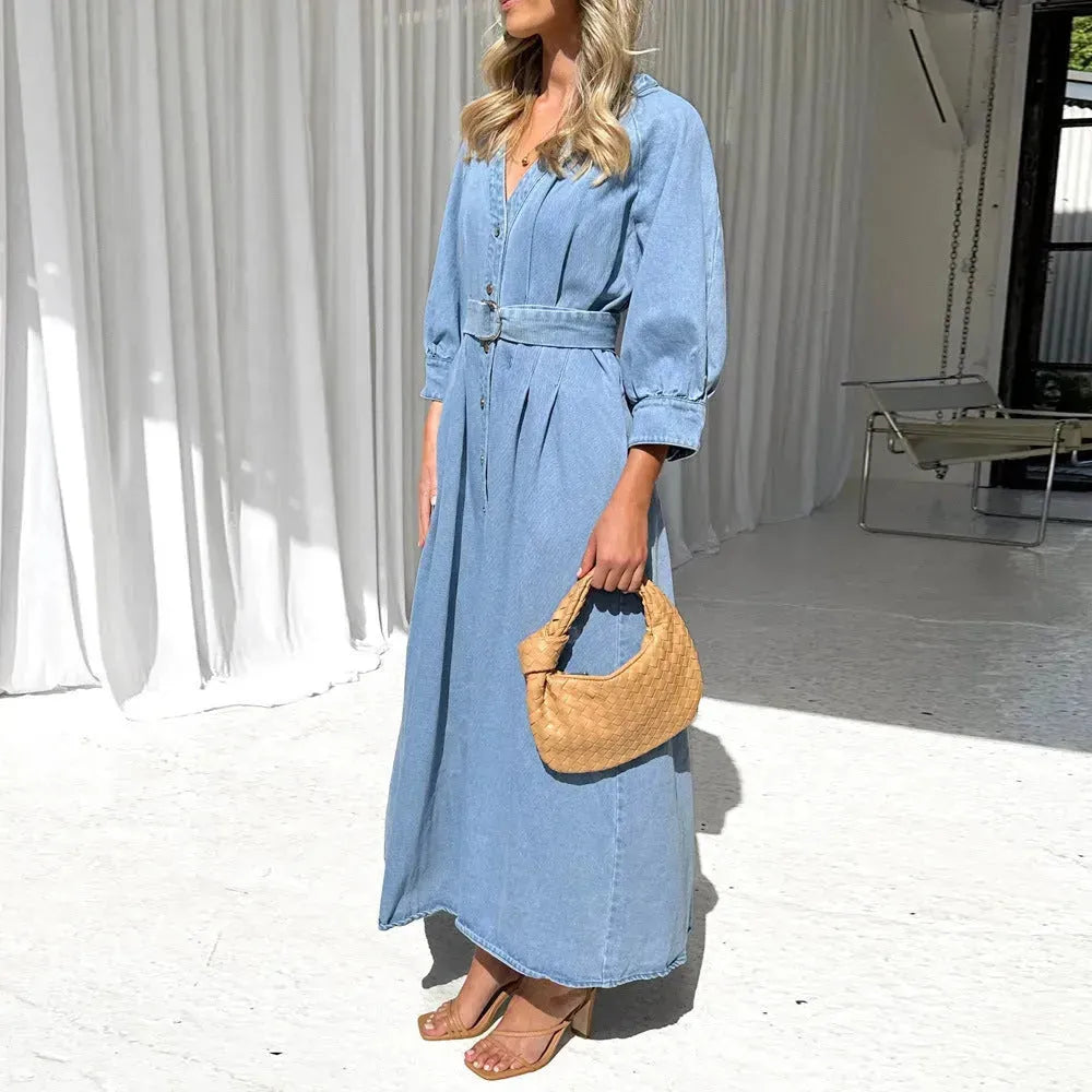 V-neck Lace-up Waist Trimming Casual Button Denim Dress - EX-STOCK CANADA